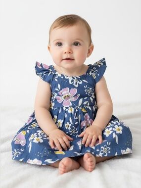 NWT Carter’s 3pc Navy Floral Flutter Sleeves Dress Blue Sun Hat and Bloomers